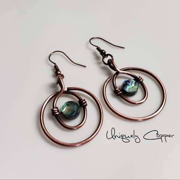 Copper Earrings, Abalone Shell, Wire Wrapped, Copper Jewelry, Gift For Her, 7th Anniversary, 22nd, Copper Anniversary, Wife Gift, Antiqued
