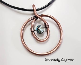 Wire Wrapped Copper Necklace, Abalone Pendant, Leather Cord