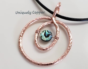 Hammered Copper Necklace: Wire Wrapped Abalone Pendant, 7th Anniversary