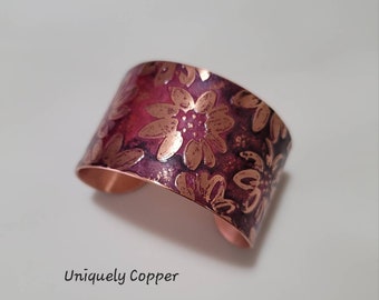 Flame Painted Copper Cuff Bracelet: Etched Floral Design