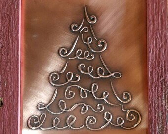 Hand Tooled Copper Christmas Tree Art Decor - Barn Board Frame