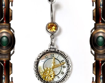 Steampunk Clock with Topaz Rhinestone Titanium 14G Naval Belly Button Barbell Body Jewelry