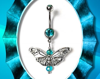 14G Sterling Silver Belly Button Ring - Sparkling Rhinestone & Teal Beaded Butterfly Design - Body Piercing Jewelry