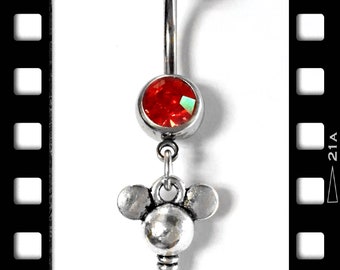 Silver Mouse Ears Kingdom Key with Red Rhinestone 14G Navel Belly Button Barbell Body Jewelry