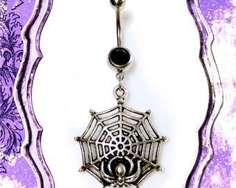 Silver Spiderweb with Black Rhinestone 14G Navel Belly Button Barbell Body Jewelry