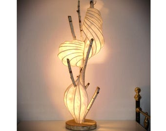95cm Stehlampe Bodenlampe Leuchte Kunst LichtSkulptur  Birkenholz Ast + Papier Kunstwerk Artwork Organic Paper-Light-Sculpture Floor Lamp