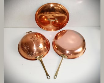 60er Jahre Kupfer-Sieb + Pfanne mit Deckel Griffe aus Messing