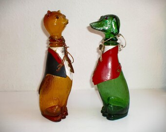 60er Jahre Empoli Italia Karaffen Flaschen Katze Bernstein Amber Hund Dackel Grün