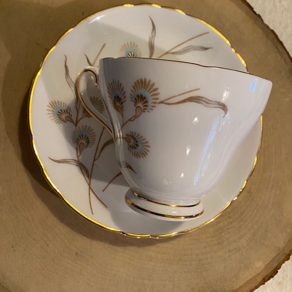 Vintage Tuscan Fine English Tea Cup and Saucer Sweet Grass Pattern in Light Teal D998