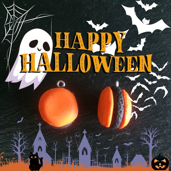 2 Breloques dessert macaron orange et noir pour halloween en Pâte Polymère 15mm