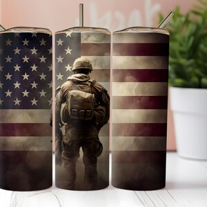 Soldier in Gear Tumbler | 20oz Stainless Steel Travel Mug with American Flag | Military Tribute Gift for Veterans & Service Members