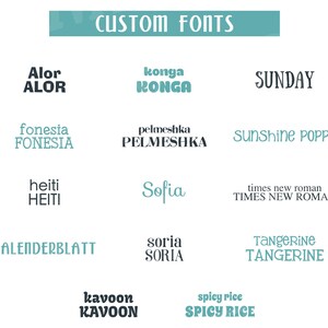 May include: A graphic design image showcasing a variety of custom fonts. The fonts are displayed in a grid format with the name of each font listed in both uppercase and lowercase letters.