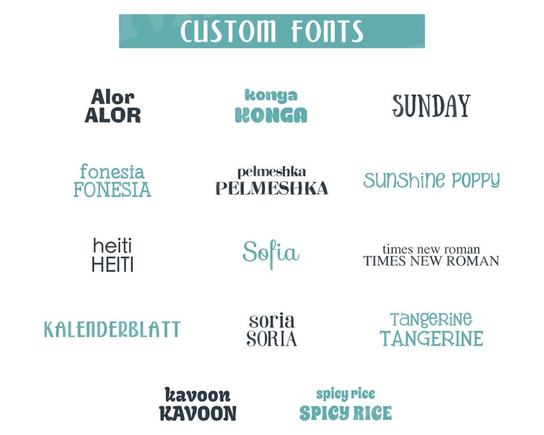 May include: A graphic design image showcasing a variety of custom fonts. The fonts are displayed in a grid format with the name of each font listed in both uppercase and lowercase letters.