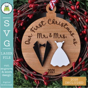 SVG Our First Christmas as Mr. & Mrs. Laser Ready File | Engagement Newlywed Wedding Christmas Ornament | Vector Files for Laser Crafters