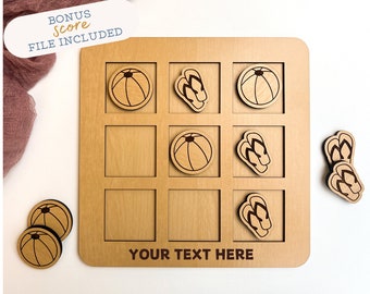 SVG Summer Tic Tac Toe Board with Beach Ball & Flip Flops Game Pieces Laser Ready File | Cut and Engrave Vector File for Lasers