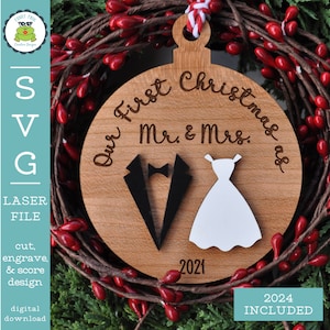 SVG Our First Christmas as Mr. & Mrs. Laser Ready File | Engagement Newlywed Wedding Christmas Ornament | Vector Files for Laser Crafters