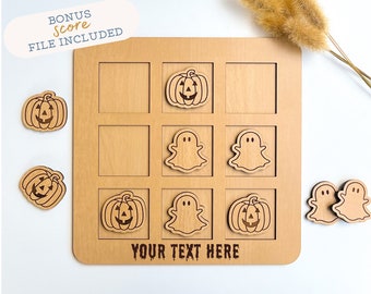 SVG Halloween Tic Tac Toe Board with Ghost & Jack-o'-lantern Game Pieces Laser Ready File | Cut and Engrave Vector File for Lasers