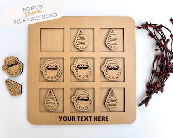 SVG Christmas Tic Tac Toe Board with Santa & Christmas Tree Game Pieces Laser Ready File | Cut and Engrave Vector File for Lasers