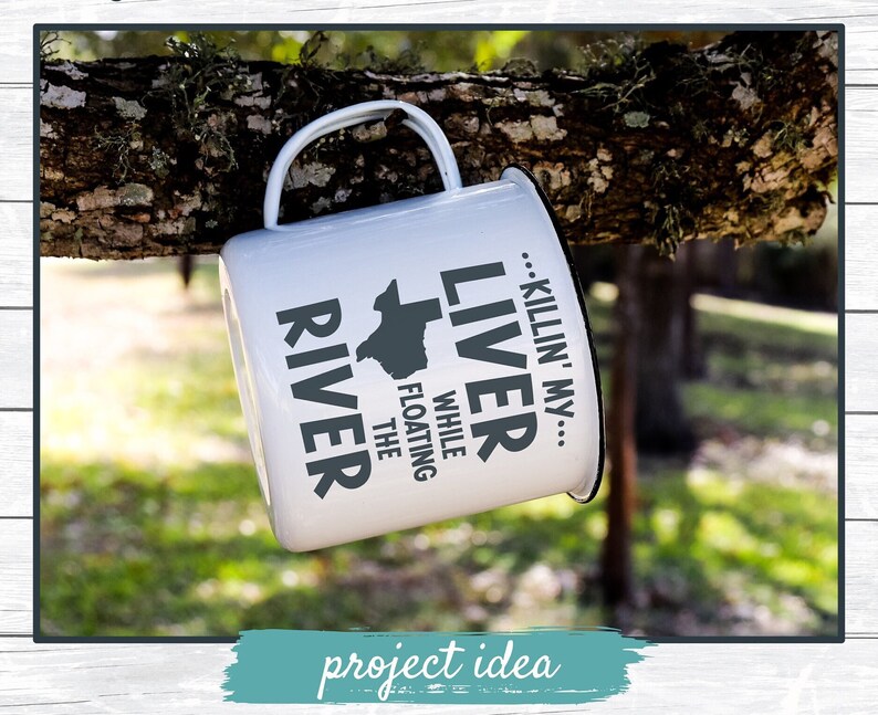 May include: White enamel camping mug with a black and gray design. The mug features the text "Killin' my Liver While Floating the River" and an outline of the state of Texas.
