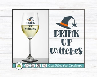 May include: A digital design featuring a witch's hat with a spider and the text "Drink Up Witches". The design is shown on a white wine glass and as a separate graphic.