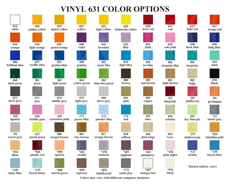 Vinyl Color Options Chart for Store Owners Color Mockups | Etsy