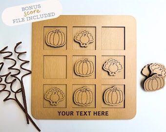 SVG Thanksgiving Tic Tac Toe Board with Turkey & Pumpkin Game Pieces Laser Ready File | Cut and Engrave Vector File for Lasers