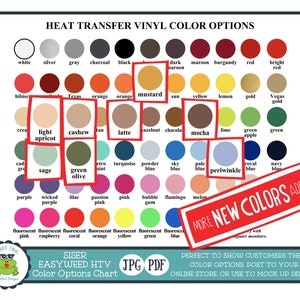 Heat Transfer Vinyl Color Options Chart, EasyWeed Siser HTV, Glitter HTV, Thermoflex Plus