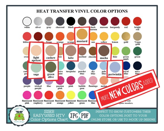 Heat Transfer Vinyl Color Options Chart, Easyweed Siser HTV