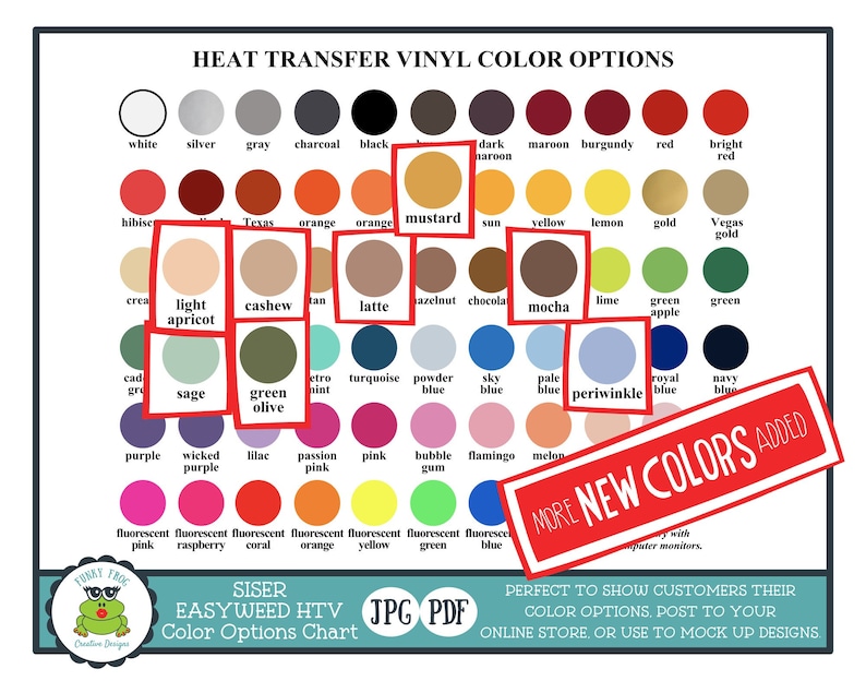 May include: A color chart for heat transfer vinyl, showing a variety of colors, including white, silver, gray, charcoal, black, dark maroon, burgundy, red, bright red, hibiscus, Texas orange, orange, mustard, sun yellow, lemon, gold, Vegas gold, cream, light apricot, cashew, tan, latte, hazelnut, chocolate, mocha, lime, green apple, green, sage, green olive, retro mint, turquoise, powder blue, sky blue, pale blue, periwinkle, royal blue, navy blue, purple, wicked purple, lilac, passion pink, pink, bubble gum, flamingo, melon, fluorescent pink, fluorescent raspberry, fluorescent coral, fluorescent orange, fluorescent yellow, fluorescent green, fluorescent blue. The chart also includes the text "MORE NEW COLORS ADDED".