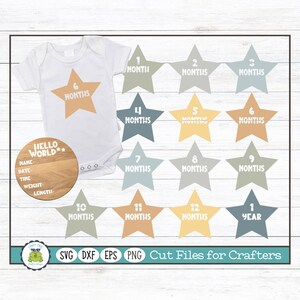 Baby's First Year Monthly Milestones and Hello World Baby Announcement Star-Themed SVG and PNG Cut File for Crafters