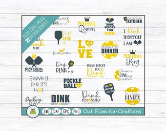 May include: A set of 22 pickleball-themed SVG, DXF, EPS, and PNG cut files for crafters. The designs feature pickleball paddles, balls, and puns like "Dink Responsibly" and "I Dink Therefore I Am".