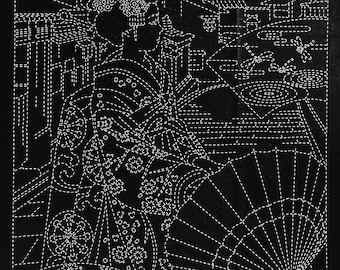 New for 2026- Wagara sashiko pre-printed wash-away panel - Maiko - san in Navy, Black, Raspberry red or Beige hue