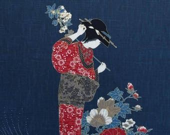 Japanese cotton Noren quilting panel cloth - Kimono, peony and sakura (cherry blossoms)