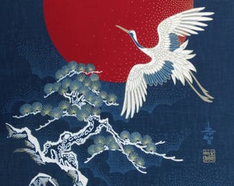 Japanese cotton Noren quilting panel cloth - flying cranes, moon and tree