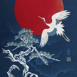 Japanese cotton Noren quilting panel cloth - flying cranes, moon and tree