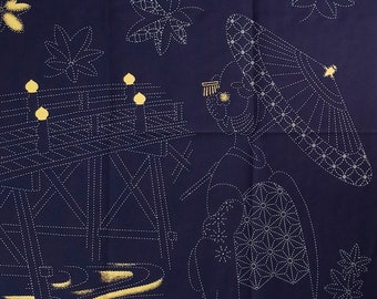 Sashiko pre-printed wash-away pattern sampler panel - Geisha in Kimono and bridge with gold accents