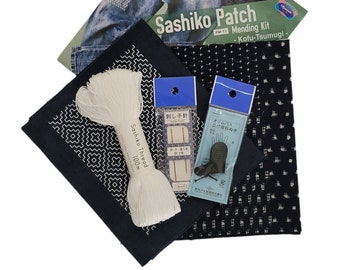 Olympus Japan pre-printed sashiko patch mending kit - Indigo blue fabric, needles, thimble and thread