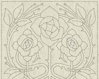 QH Textiles sashiko pre-printed wash-away pattern sampler - Rose floral "Passion" pattern on natural beige greige