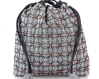 NEW Color - QH Textiles kuguri-sashi woven sashiko drawstring bag kit with black gray yarn dyed cotton