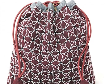 NEW color - QH Textiles kuguri-sashi woven sashiko drawstring bag kit with burgundy yarn dyed cotton