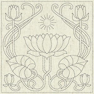 QH Textiles sashiko pre-printed wash-away pattern sampler - water lotus "Serenity" pattern on natural beige greige