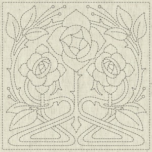QH Textiles sashiko pre-printed wash-away pattern sampler - Rose floral "Passion" pattern on natural beige greige