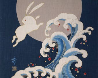 Japanese cotton Noren quilting panel cloth - bunny, moon and waves