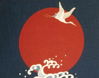 Japanese cotton Noren quilting panel cloth - Flying cranes, waves and moon