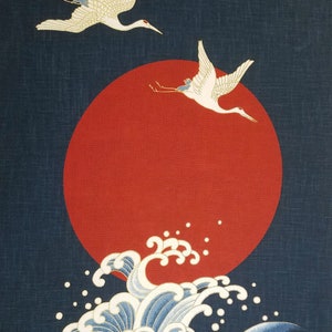 Neues japanisches Noren Quilt Panel Tuch - Fliegende Kraniche, Wellen und Mond