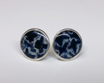 Sterling silver stud earrings with indigo blue and white colored shibori kimono fabric