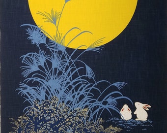 Japanese cotton Noren quilting panel cloth - bunny rabbits with moon