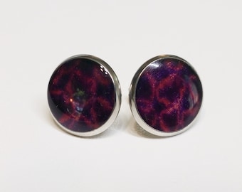 Silver toned stainless steel stud earrings with plum and pink colored shibori kimono fabric