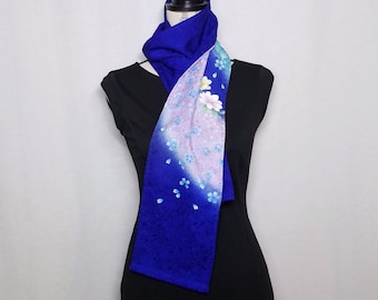 Silk scarf created with vintage kimono fabric - sakura cherry blossoms on navy blue