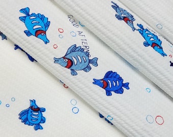 Vintage, children's waffle weave cotton yukata fabric with fish and sea shells  - by the yard